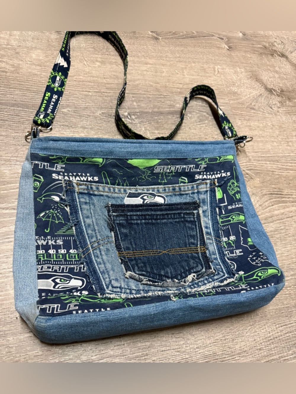 Seattle Seahawks Denim Crossbody Bag | Upcycled Purse NFL Fan Gear Artisan Tote - Picture 3 of 5